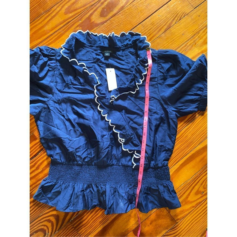Ann Taylor NWT Scalloped Ruffle Wrap Top Navy Blue Blouse Sz Medium, MSRP $85 - Picture 10 of 10